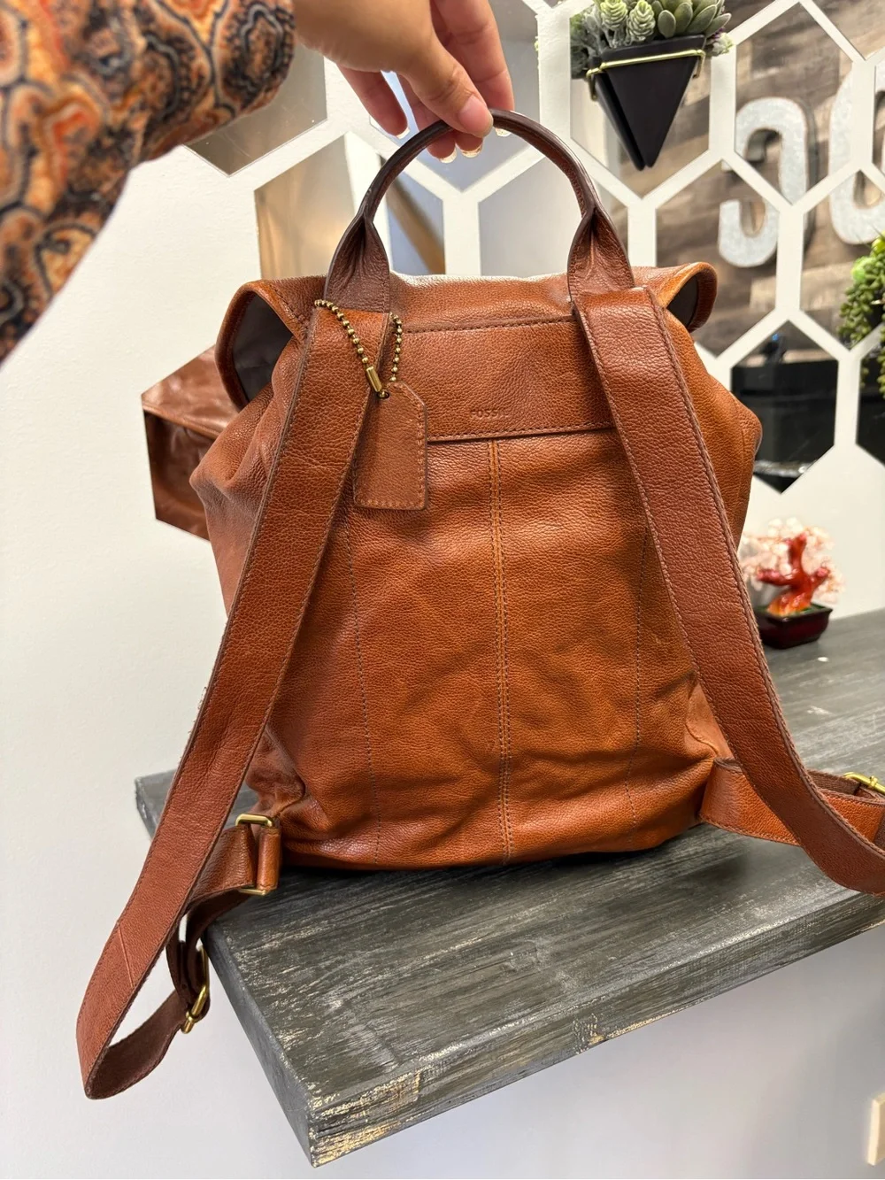 Fossil Tan Leather Backpack with Front Pocket